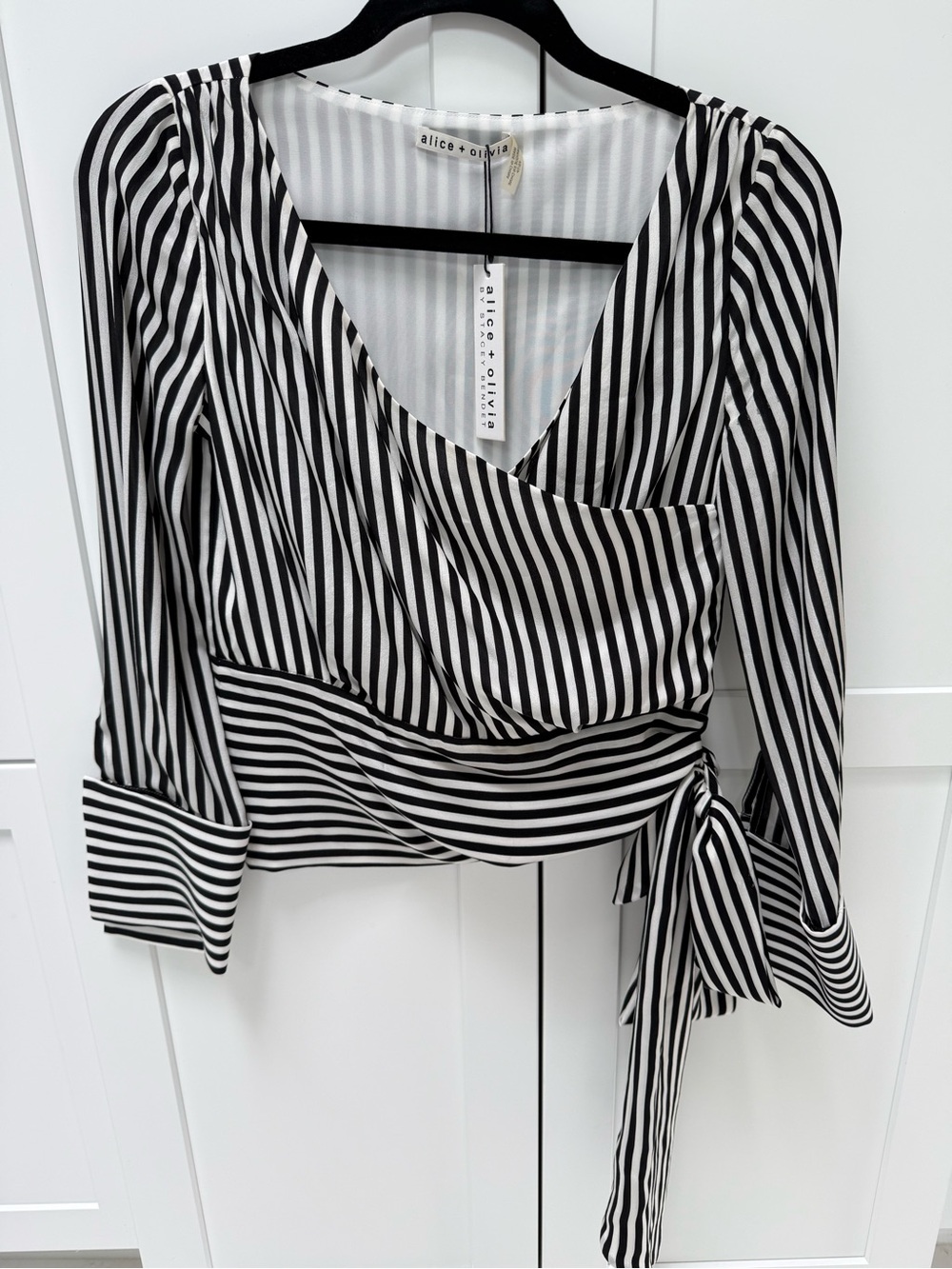 alice + olivia Alba Black & White Striped Wrap Top NWT
